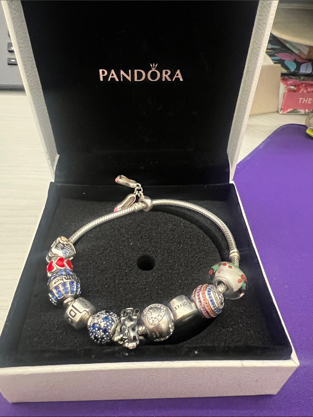 Pandora Silver Charm Bracelet with Red, Blue, Green & Pink Accents